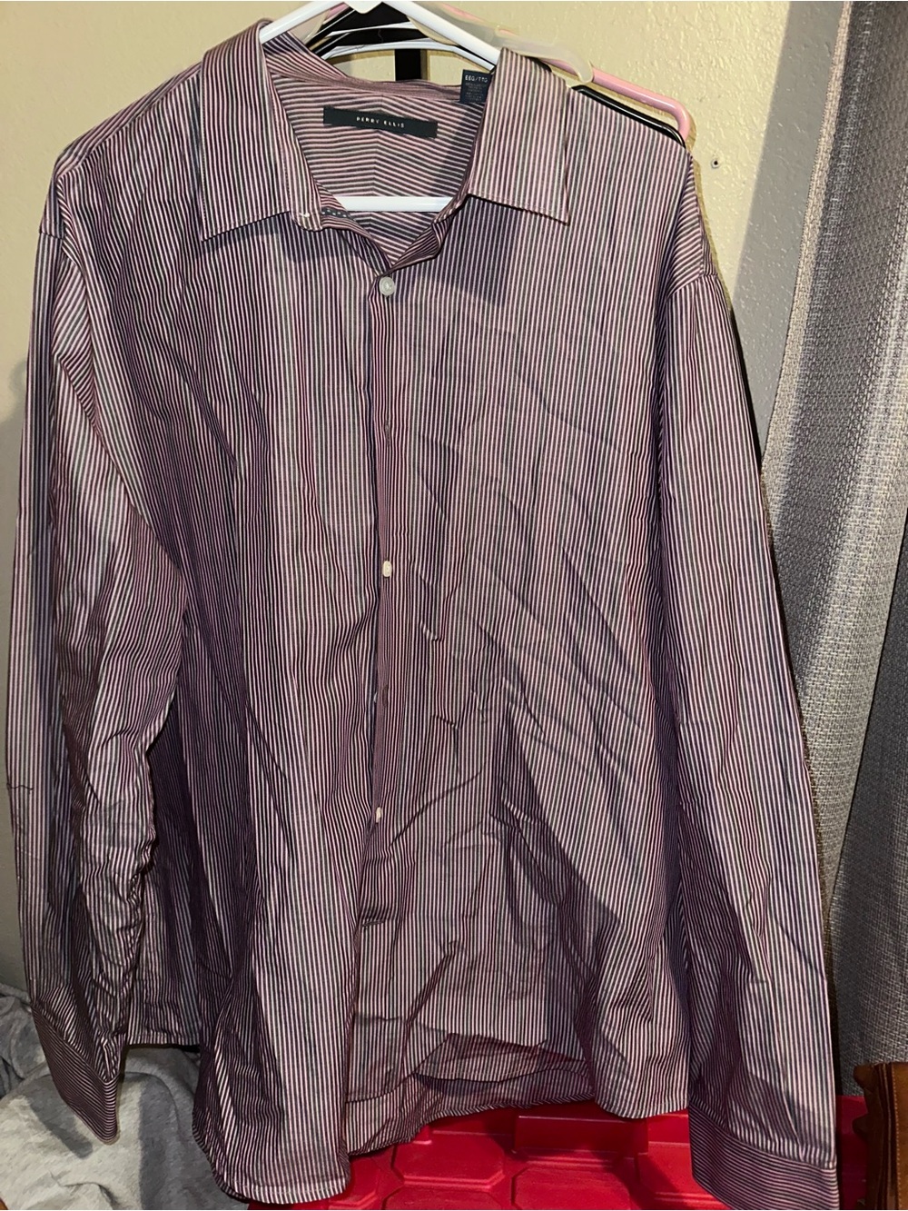 Perry Ellis Men’s Striped Button-Up Shirt in Burgundy and White